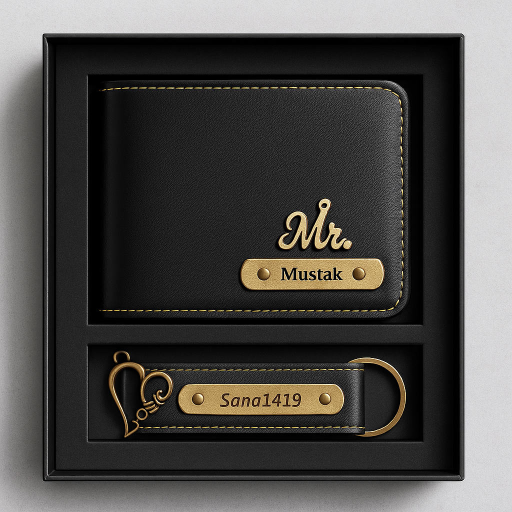 Black leather wallet engraved with "Mr. Mustak" in gold, paired with a matching keychain engraved "Sana1419" inside a premium black gift box. Combo