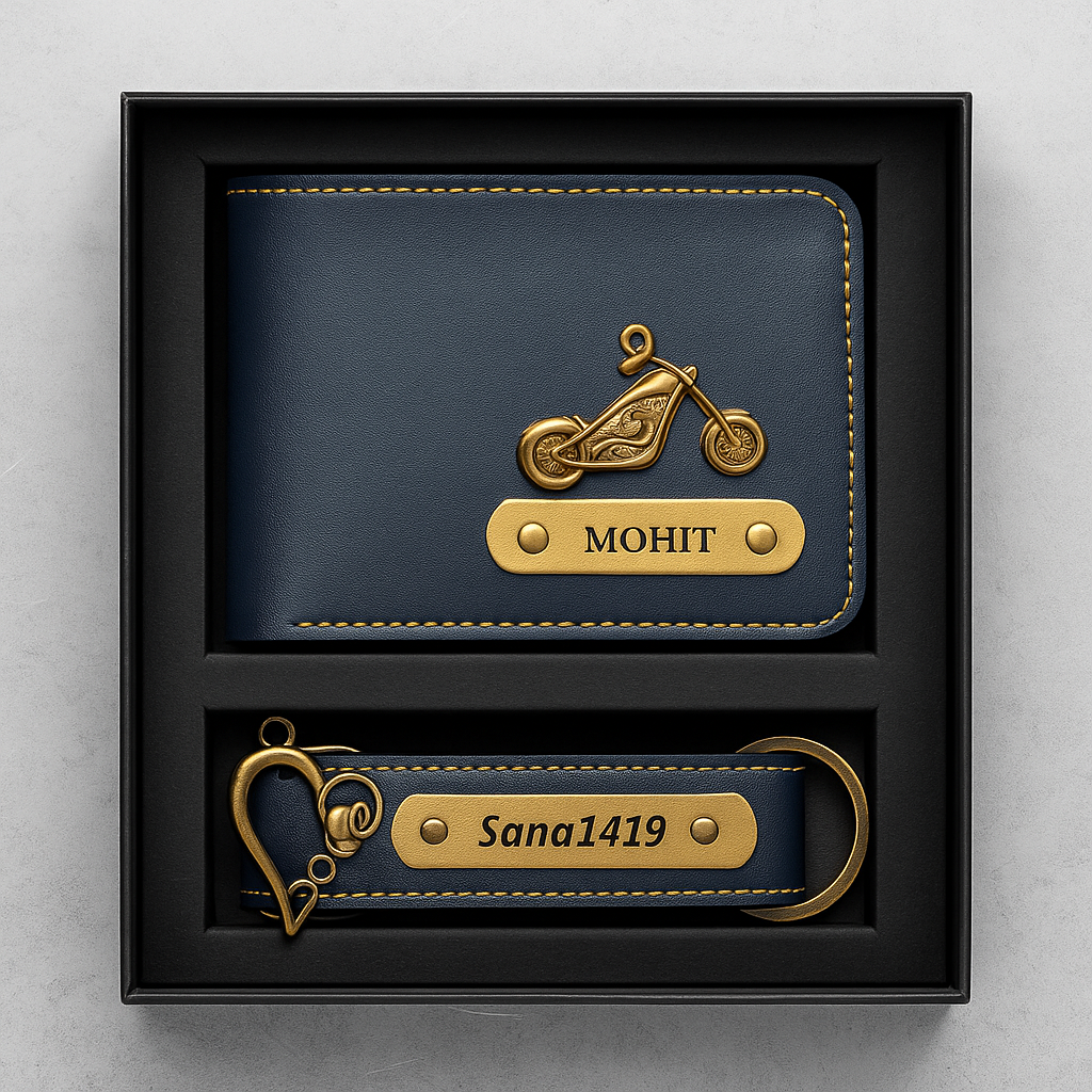 Blue customised wallet and keyring