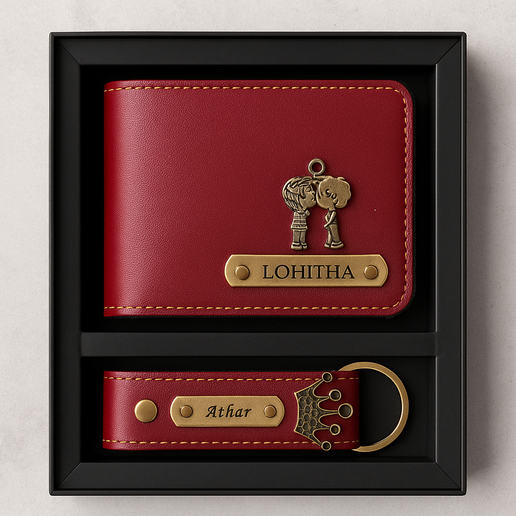 Red customised wallet and keyring