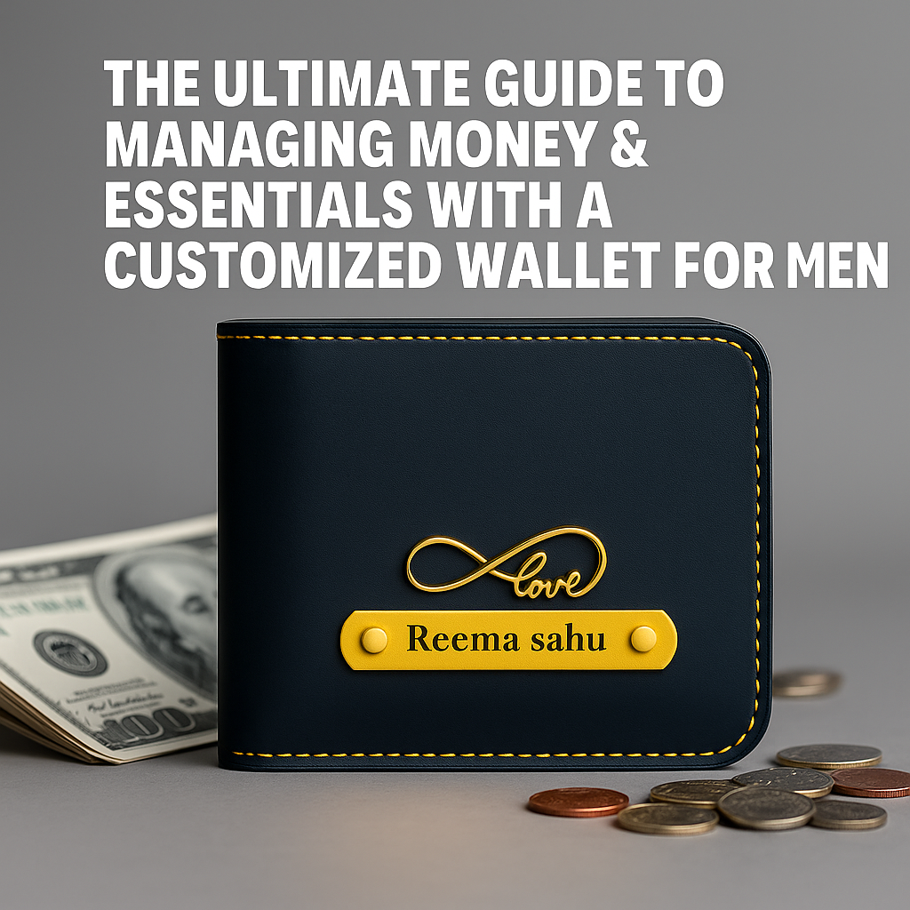 <a href="https://celedhub.co.in/customised-wallets-for-men" title="Explore the Ultimate Guide to Customised Wallets for Men"> <img decoding= Black customised men’s wallet with yellow stitching and gold nameplate engraved with “Reema Sahu” and infinity love symbol, placed on a surface with US dollar bills and coins, with text “The Ultimate Guide to Managing Money & Essentials with a Customized Wallet for Men” in the background.