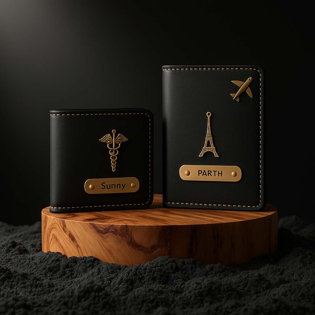 Black leather wallet engraved with "Sunny" and a medical symbol, placed next to a matching passport cover engraved "Parth" with an Eiffel Tower and airplane charm, displayed on a wooden stand. Combo