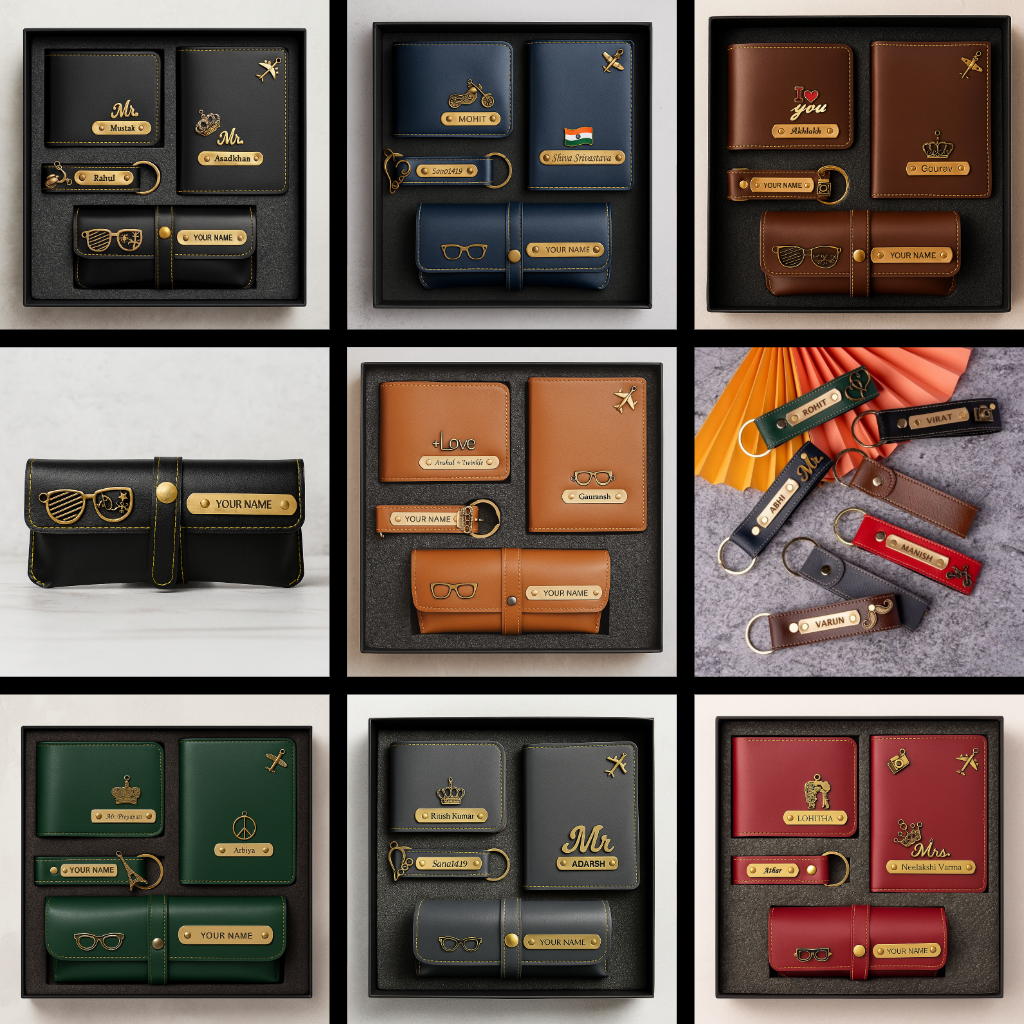 "Collage of customized leather accessories including wallets, passport covers, sunglass cases, and keychains in different colors like black, navy blue, brown, green, and red. Each product features gold-plated nameplates and personalized engravings such as names, initials, and icons like crowns, glasses, and travel symbols. Products are displayed in premium Combo gift boxes and arranged stylishly, highlighting luxury gifting options."