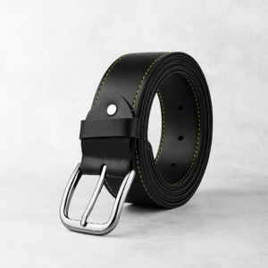 Premium Leather Belt, Black with Yellow Stitching, Classic Buckle Design, Silver Hardware
