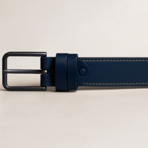 Premium Leather Belt, Black with Yellow Stitching, Classic Buckle Design, Silver Hardware