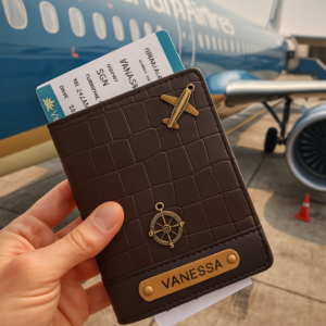 Personalized Croco Passport Cover with Gold Embellishments, with Black Leather, Customizable Name Plate (Black)