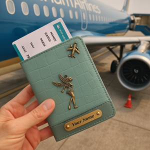 Personalized Croco Passport Cover with Gold Embellishments, with Black Leather, Customizable Name Plate (Black)