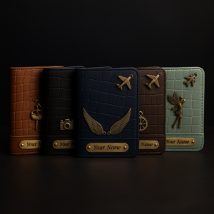 Personalized Croco Passport Cover with Gold Embellishments, with Black Leather, Customizable Name Plate (Black)